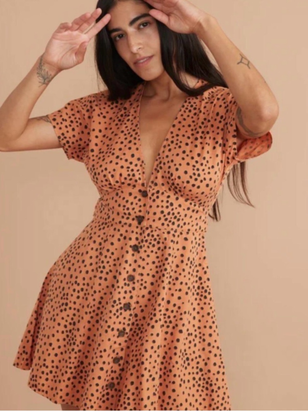 Marine Layer Camila Mini Dress Orange Black Dot Tie Waist Button Front